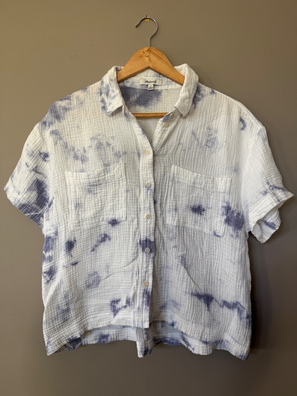 Madewell White Shirt with Light Blue Tie-Dye Accents